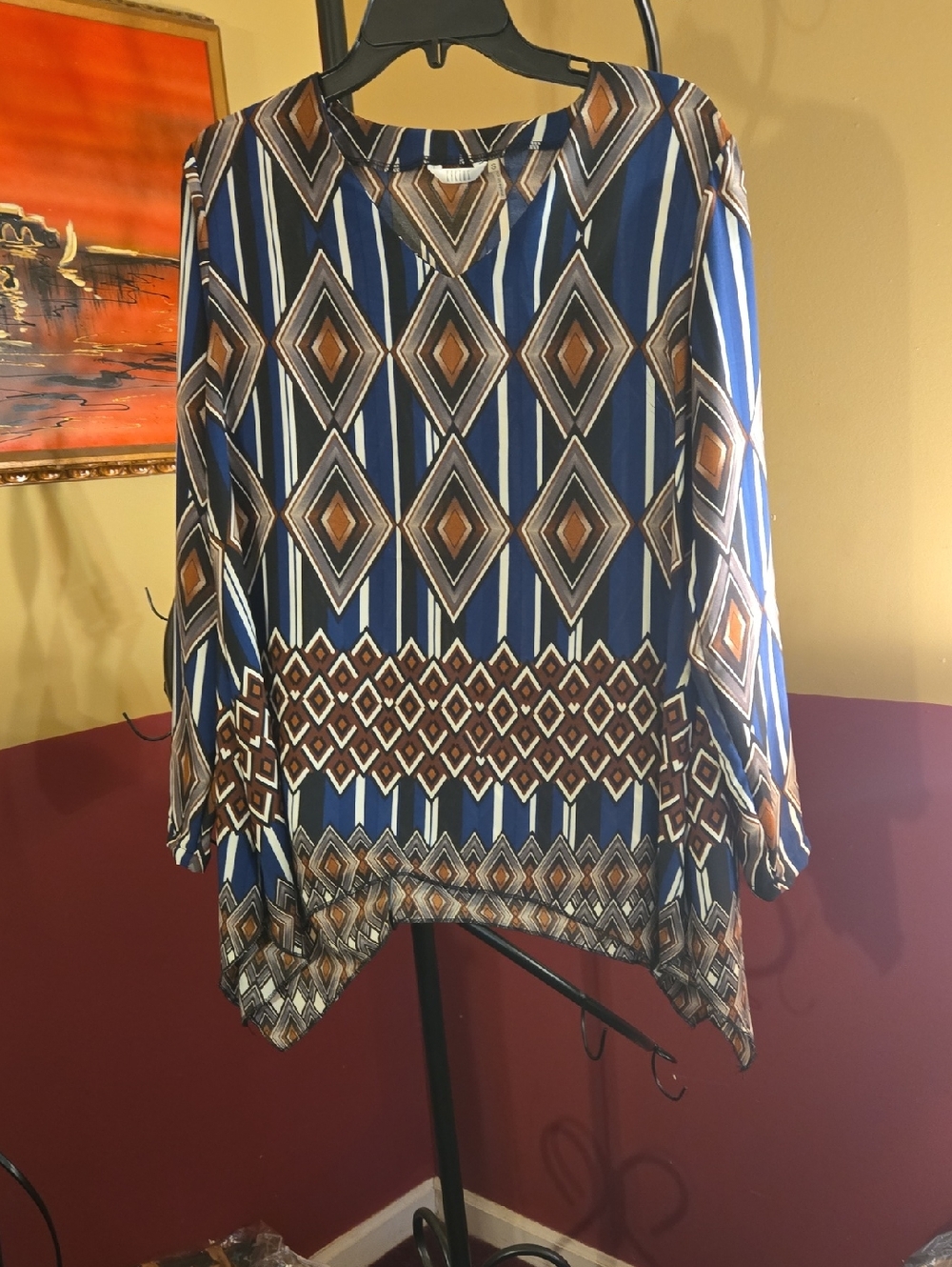 Geometric-Print Blue and Brown Long-Sleeve Women's Blouse